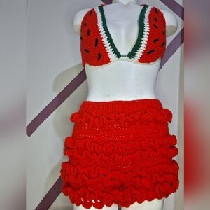 Crochet Watermelon Red Ruffled High Waist Shorts